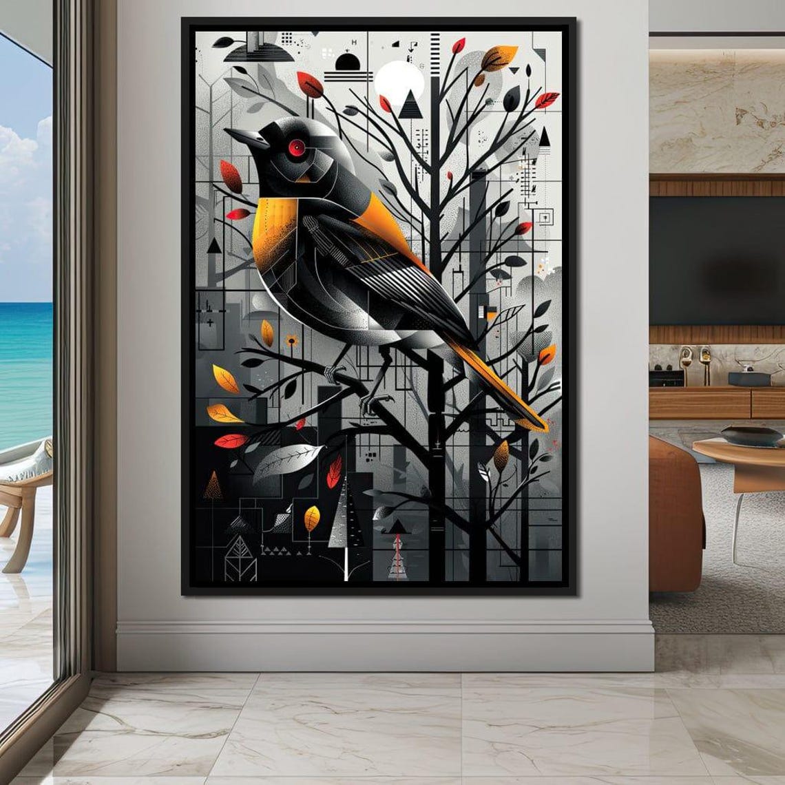 Geometric Songbird Tree Branch Abstract Black Orange Bird Wall Art - Image 4