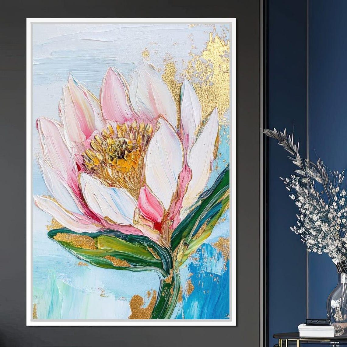 Pink Lotus Flower Gold Leaf Impasto Botanical Elegant Modern Print - Image 4