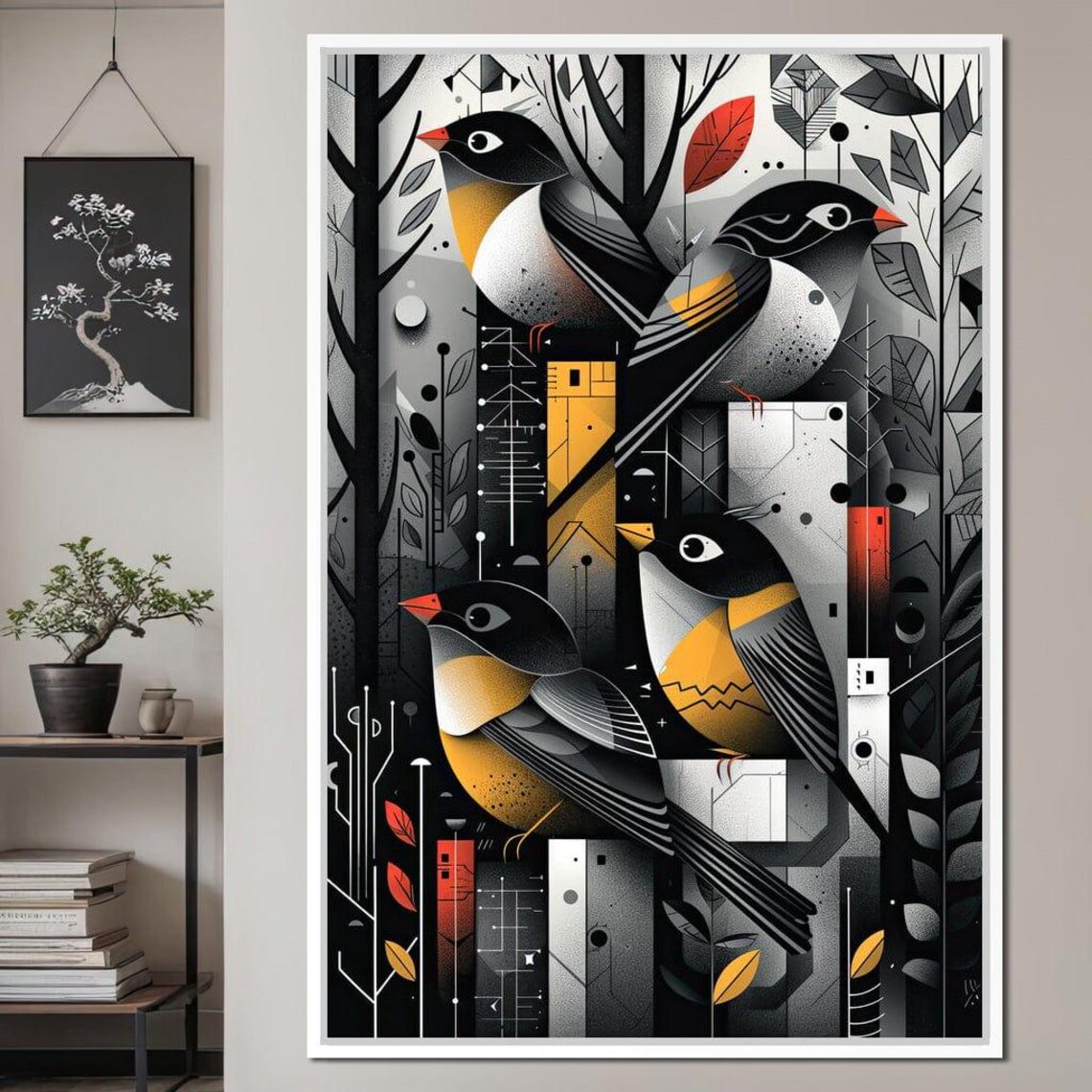 Geometric Autumn Songbirds Black Gold Red Modern Bird Art Wall Poster - Image 3