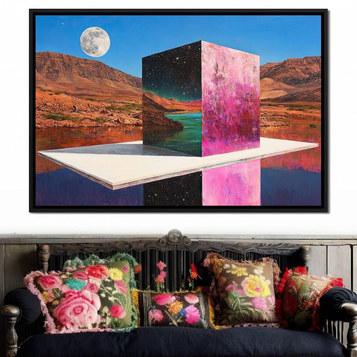Surreal Cosmic Cube Desert Moon Night Sky Pink Galaxy Landscape Wall Print - Image 4