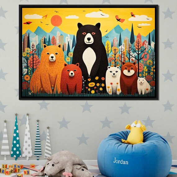 Cute Cartoon Bears Family Flower Meadow City Skyline Kids Room Poster