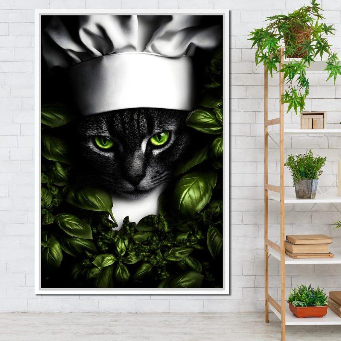 Chef Cat Green Eyes Basil Leaves Kitchen Framed Whimsical Wall Art - Image 4