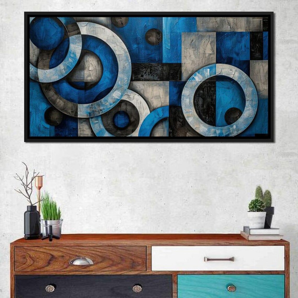 Blue Black Grey Overlapping Circle Rings Multi Panel Geometric Wall Art Print - Image 2