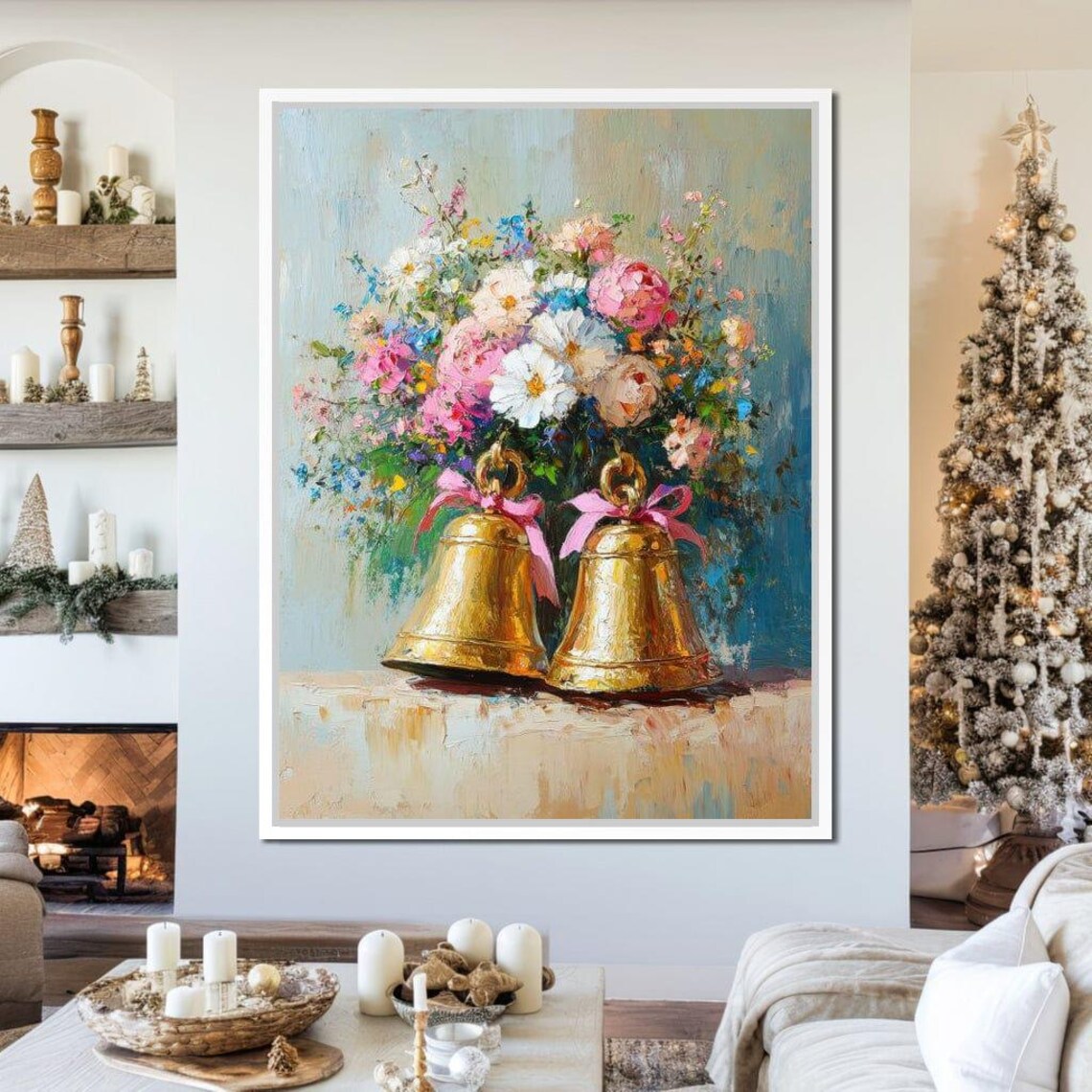 Two Golden Bells With Pink Ribbons Beneath Lush Floral Bouquet Poster - Image 4