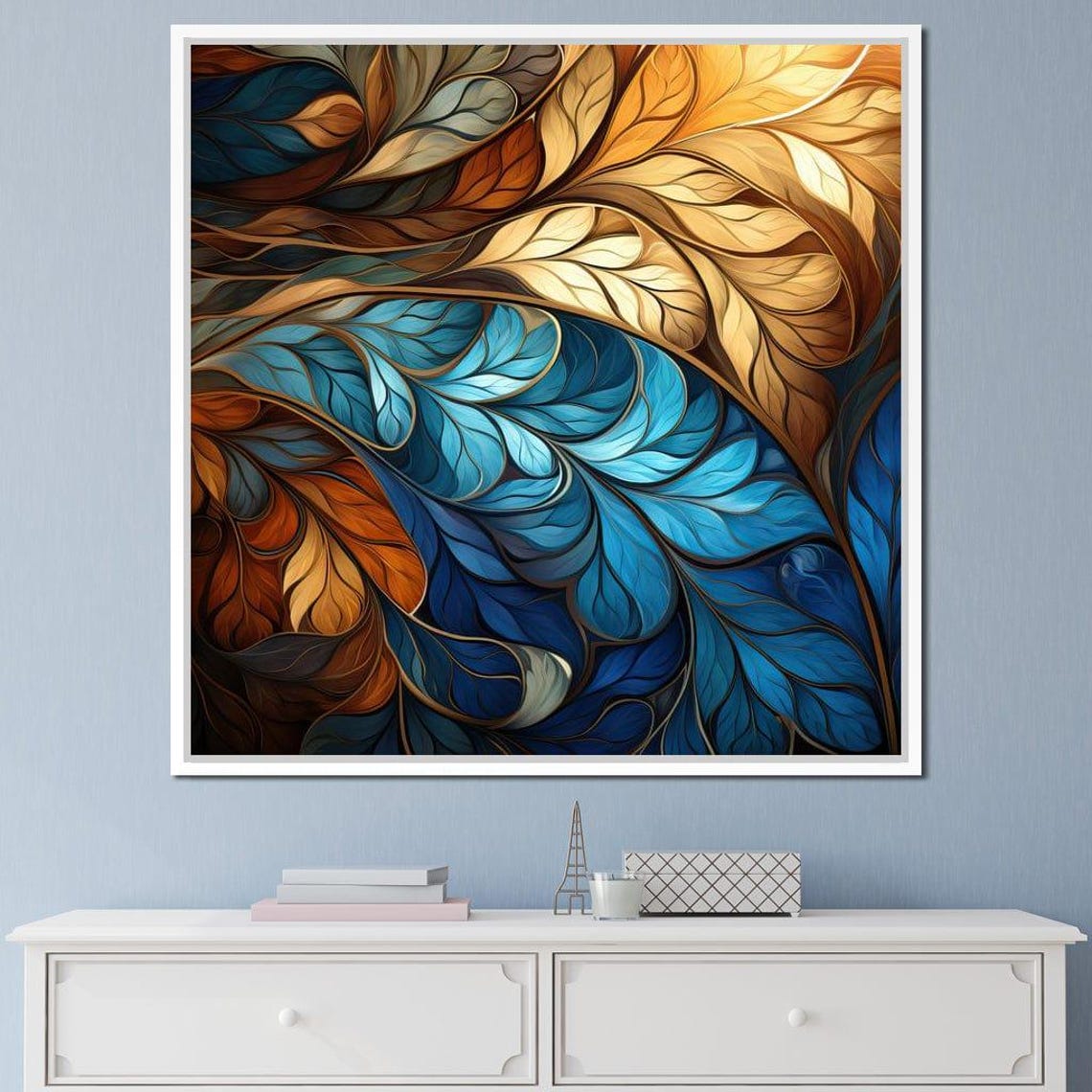 Abstract Blue Gold Leaf Botanical Modern Art Nouveau Wall Poster