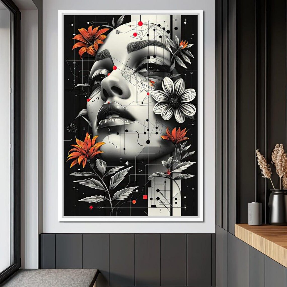 Futuristic Woman Portrait Orange Floral Geometric Black Wall Art - Image 2