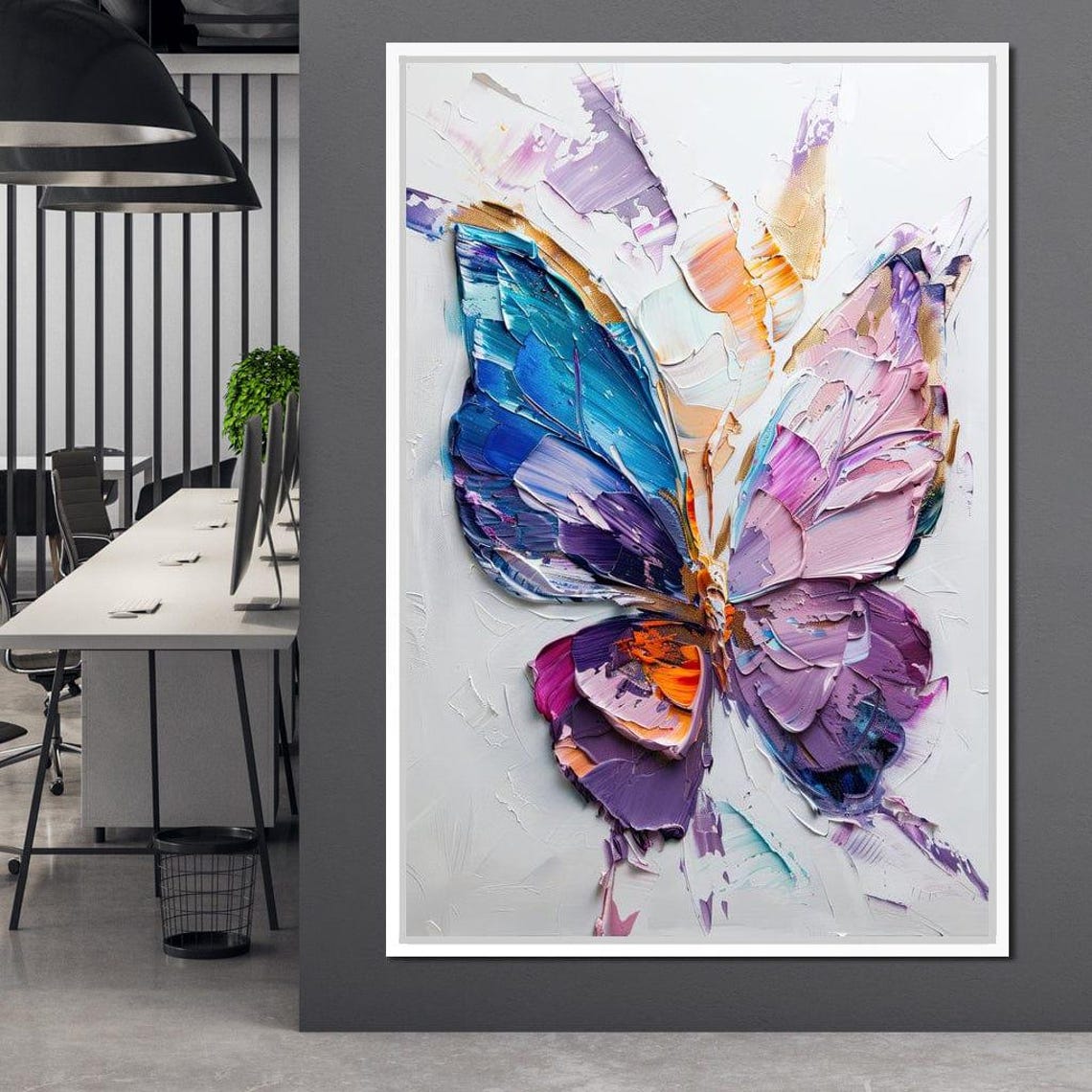 Iridescent Butterfly Blue Purple Pink Impasto Wings White Wall Art - Image 4