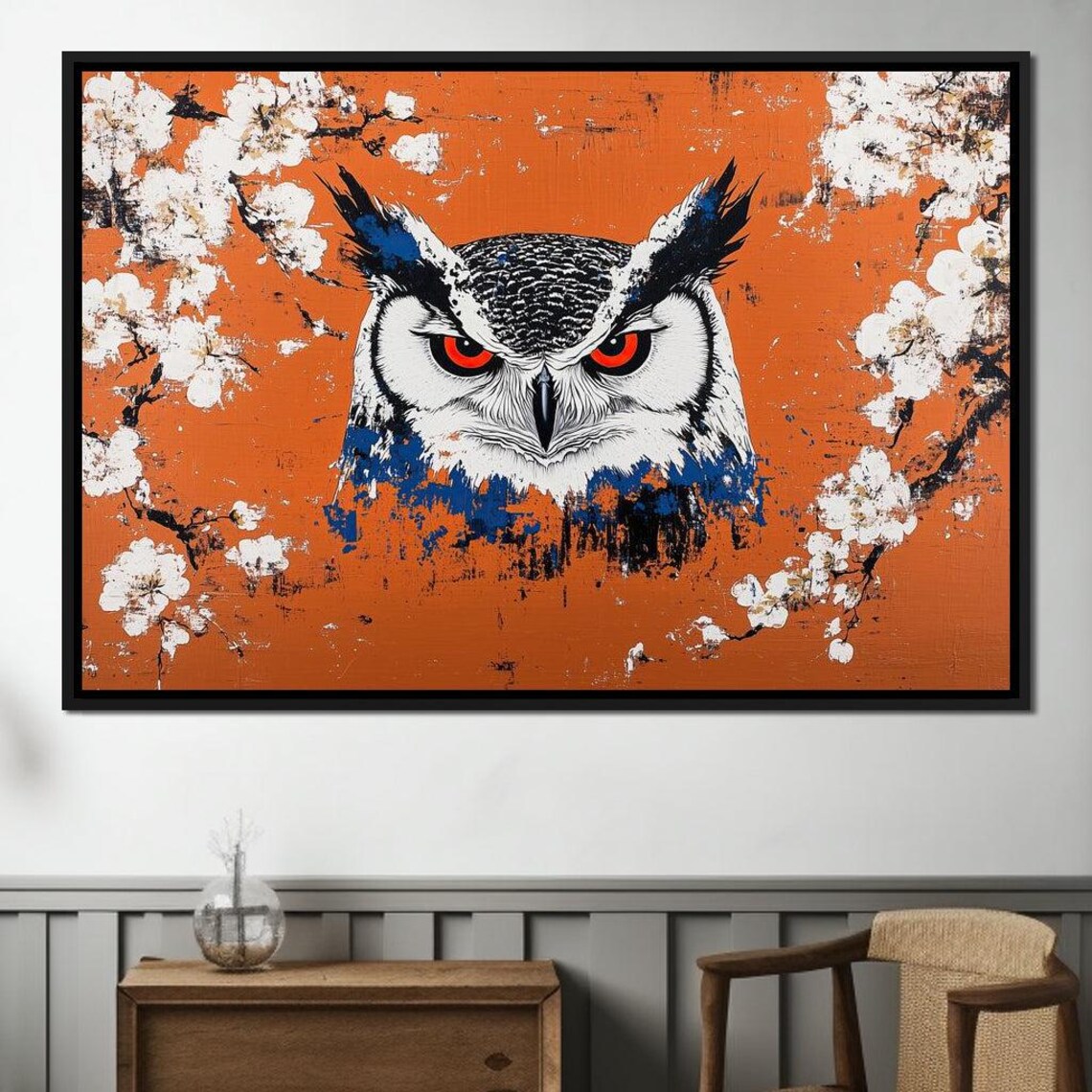 White Owl Red Eyes Cherry Blossom Orange Background Wildlife Wall Art