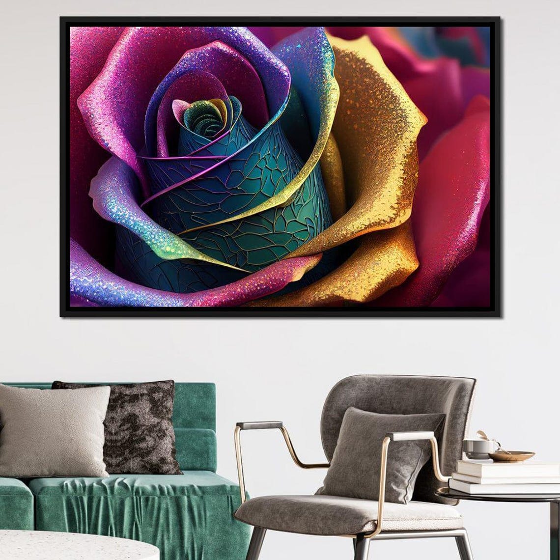 Rainbow Rose Close Up Glitter Petals Vibrant Floral Wall Art Poster - Image 3