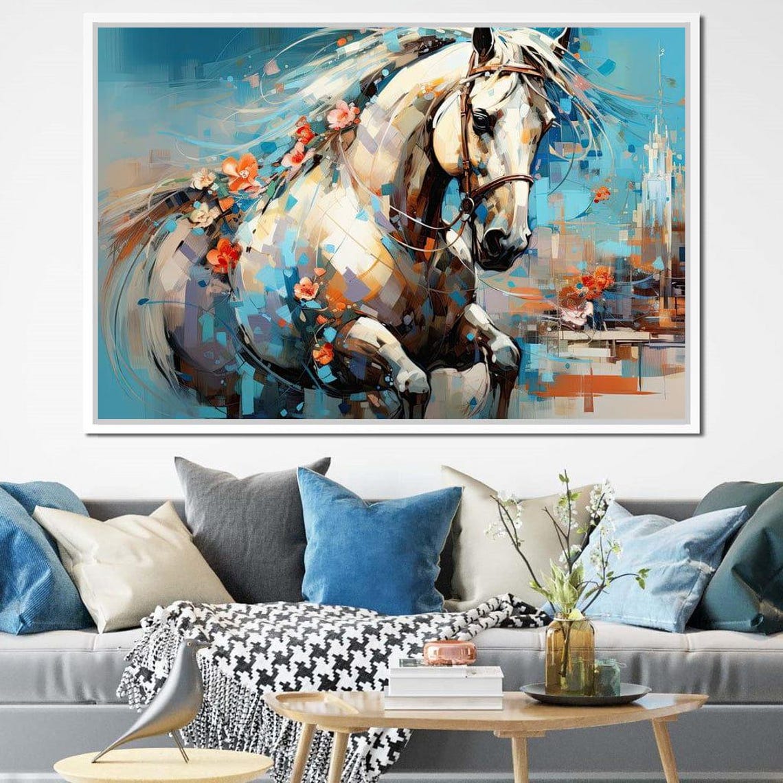 White Galloping Horse Blue Floral Abstract Equine Painting Wall Art