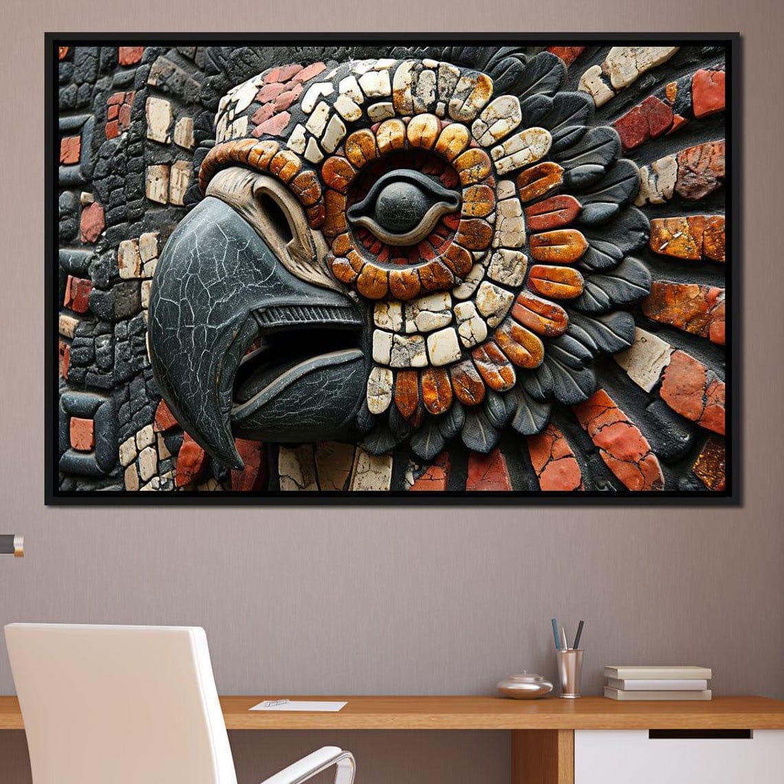 Aztec Mosaic Eagle Head Tribal Stone Carving Cultural Art Poster - Image 4