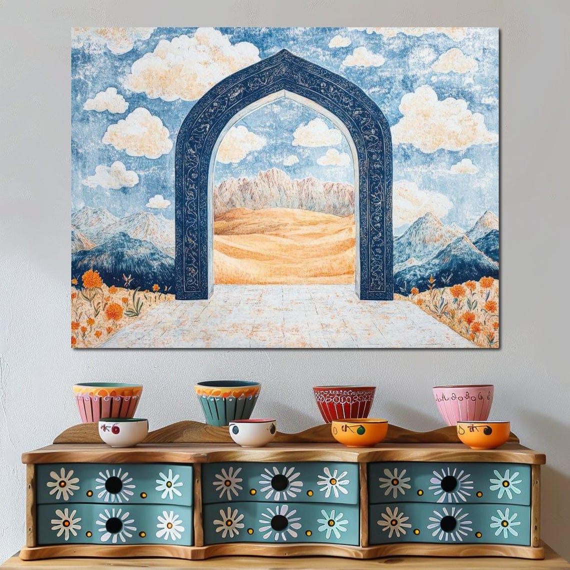 Blue Mosaic Arch Framing Golden Dunes Mountains And Cloudy Sky Poster - Image 2