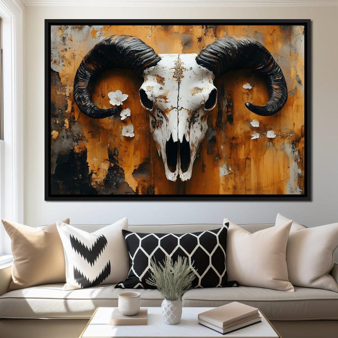 Ram Skull with Curved Horns on Rustic Orange Abstract Wall Poster - Image 3