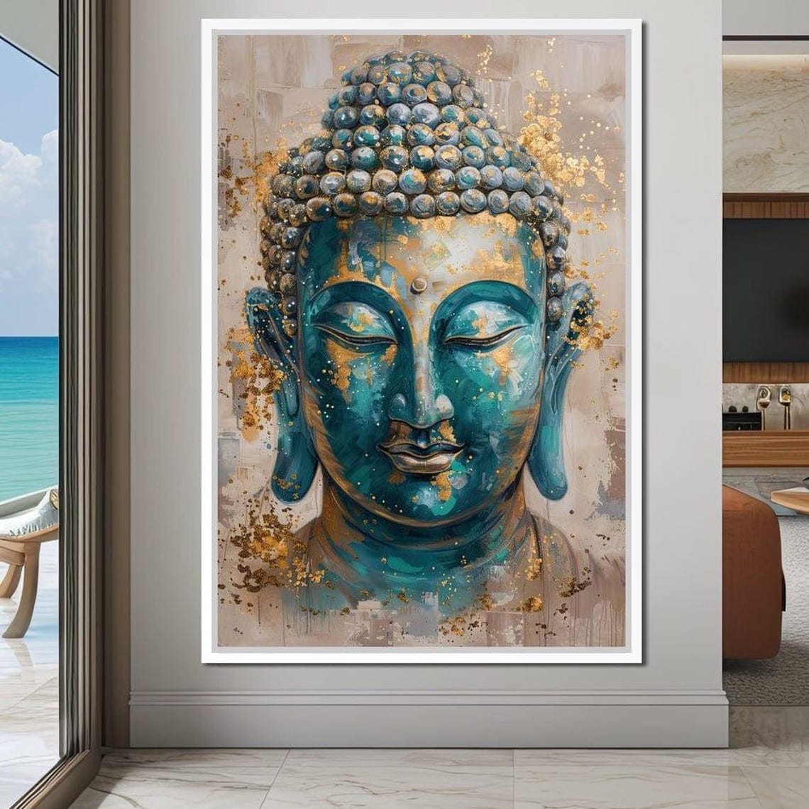 Teal Blue Buddha Face Gold Leaf Calm Meditation Zen Wall Art Poster - Image 4
