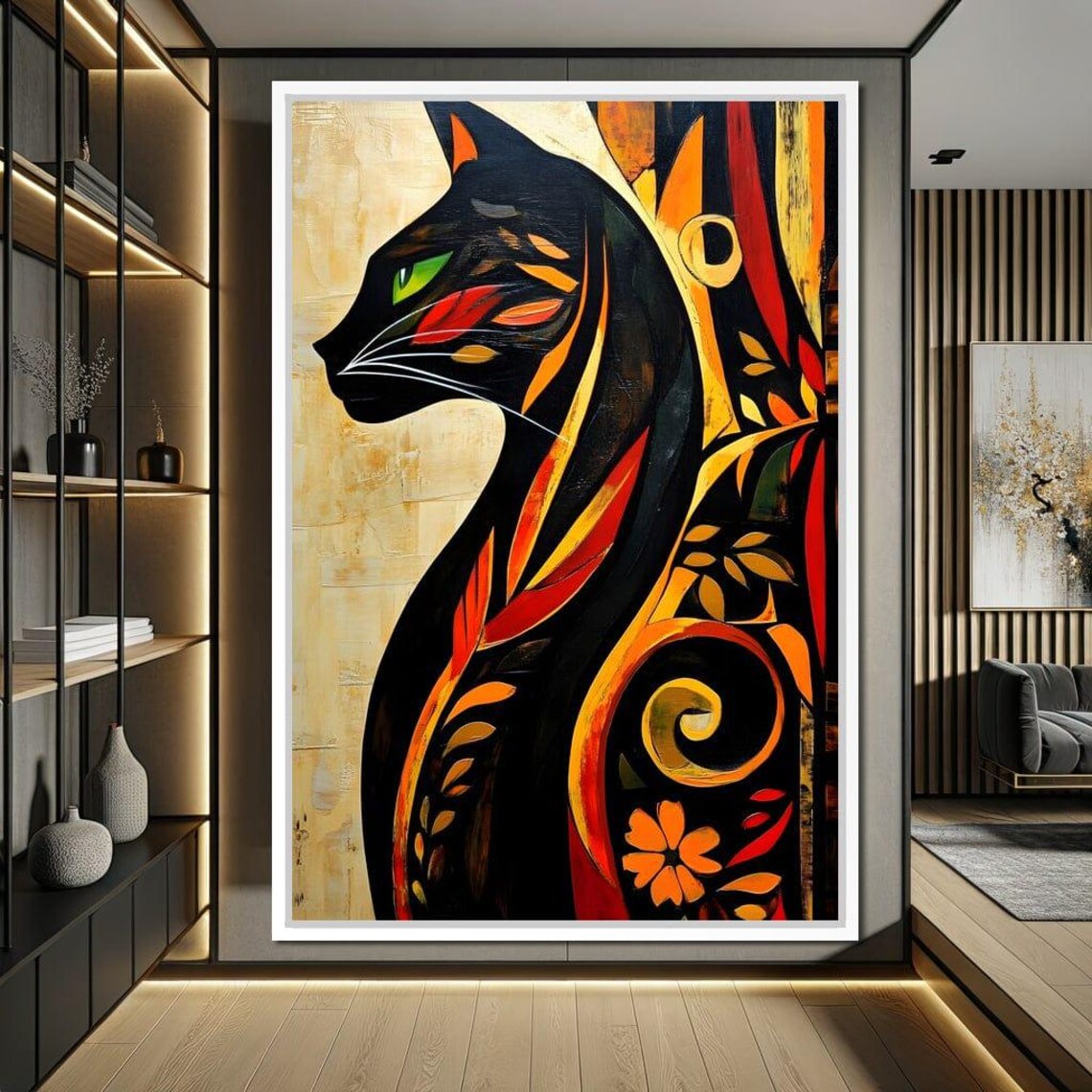 Black Cat Profile Stylized Orange Red Foliage Gold Leaf Wall Art Poster - Image 3
