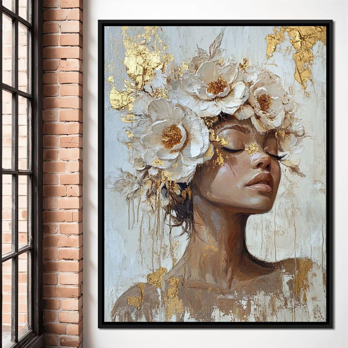 Elegant Woman White Flower Crown Gold Leaf Dreamy Portrait Art Poster - Image 3