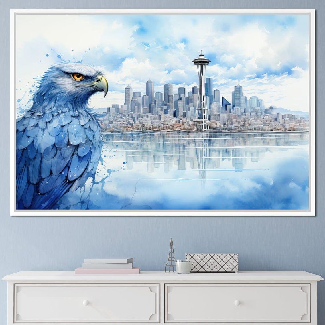 Seattle Skyline Space Needle Blue Eagle Watercolor Art Print Decor