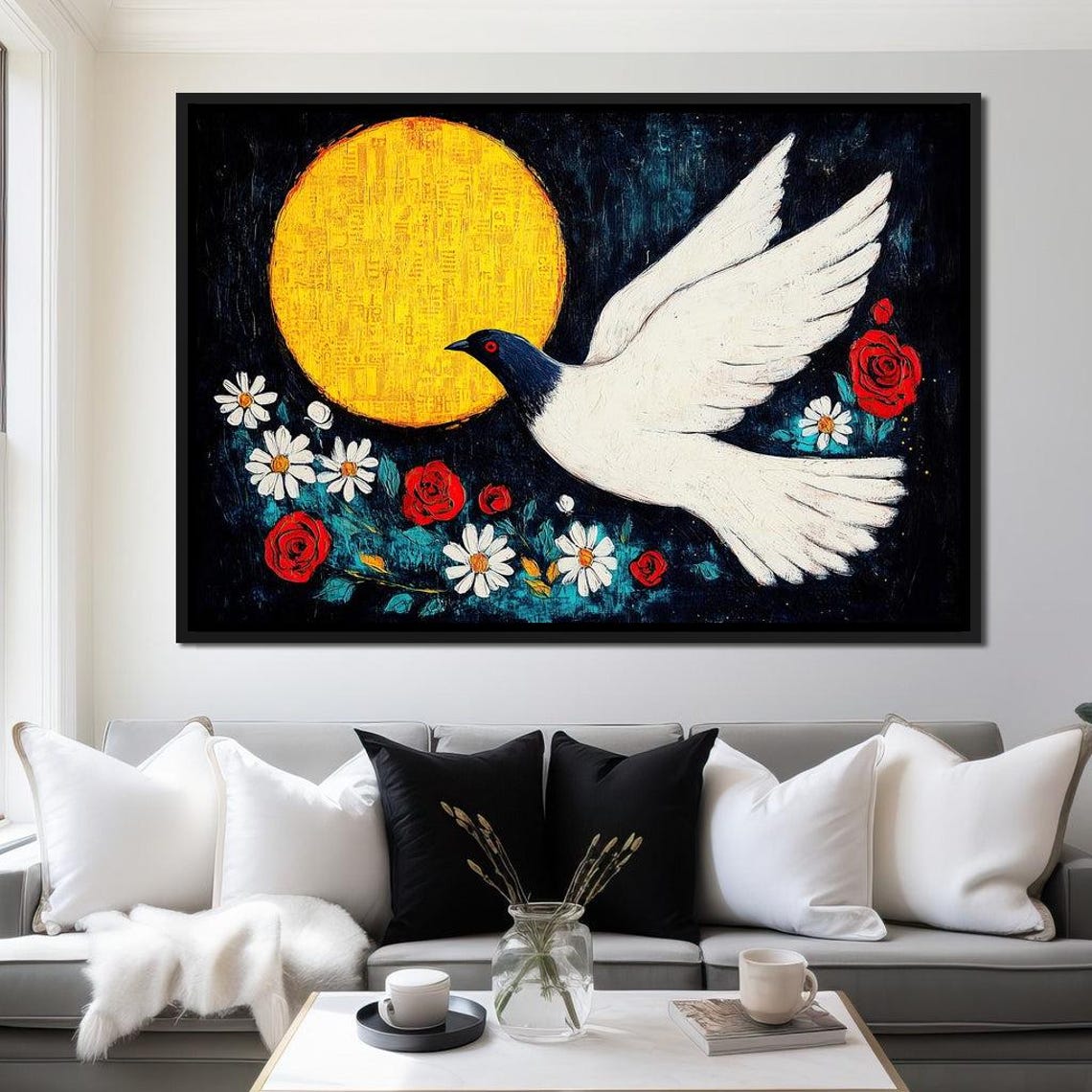 White Dove Golden Moon Night Roses Daisies Serene Flight Bird Poster - Image 4
