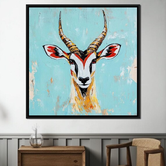 Colorful Gazelle Antelope Head Turquoise Background Wildlife Art Print