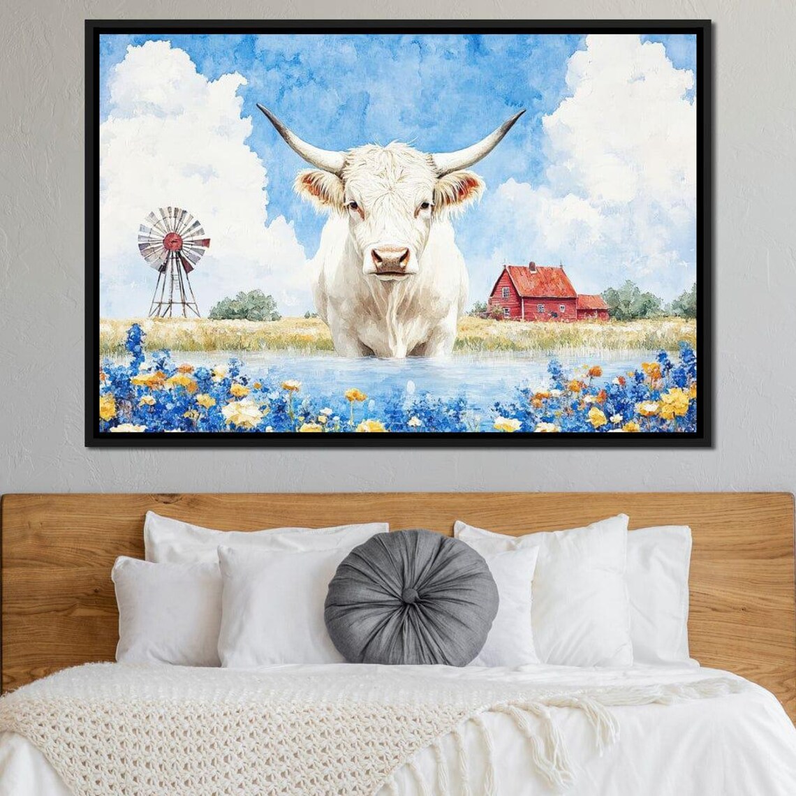 White Longhorn Cow Wading Through Wildflowers At A Country Farm Poster - Image 4
