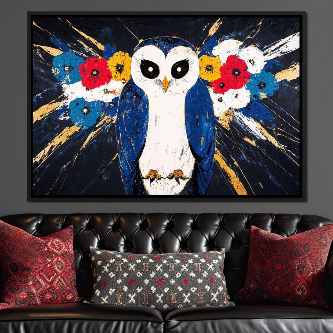 White Barn Owl With Blue Wings Colorful Floral Midnight Art Poster - Image 4