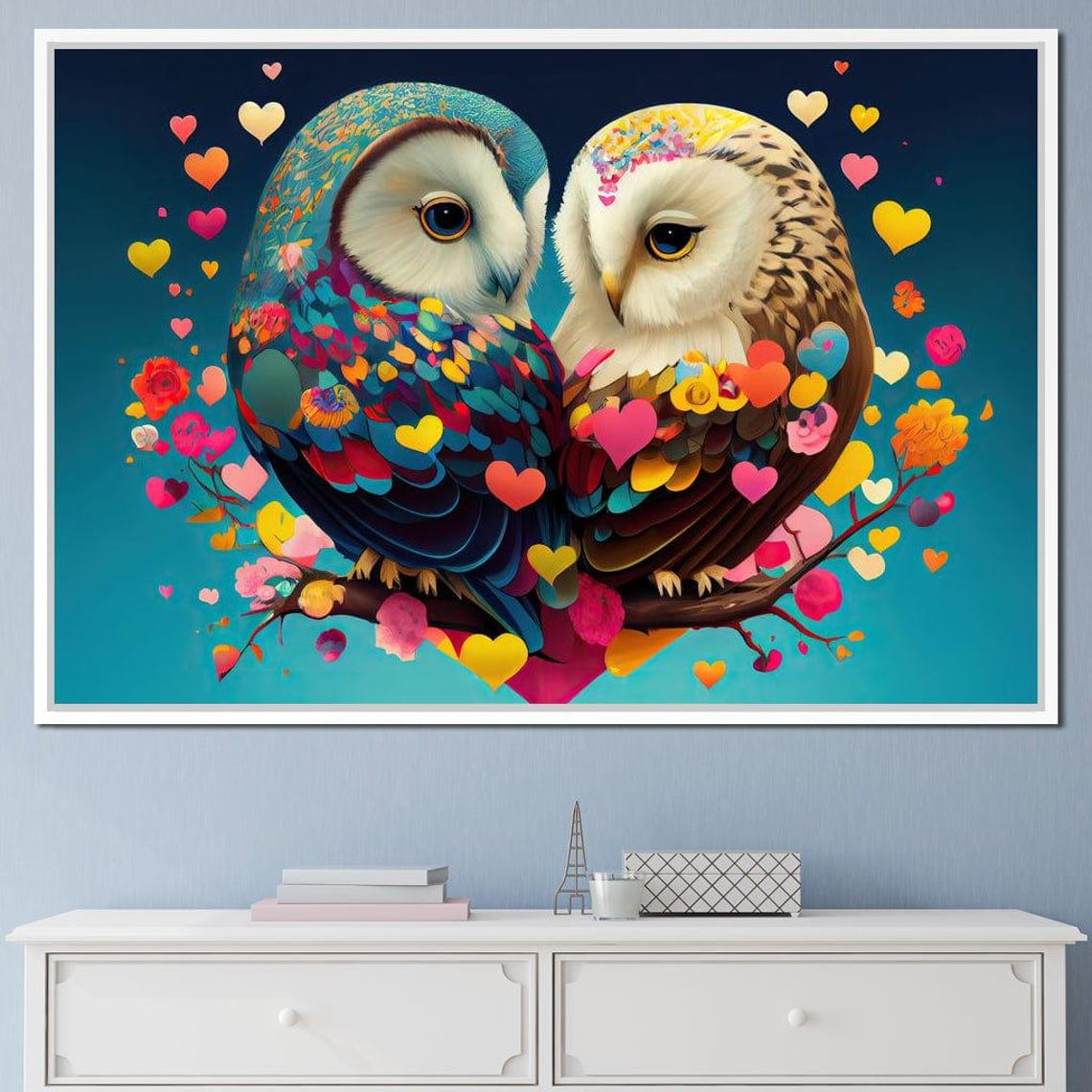 Romantic Colorful Owl Couple Hearts Whimsical Love Bird Art Poster