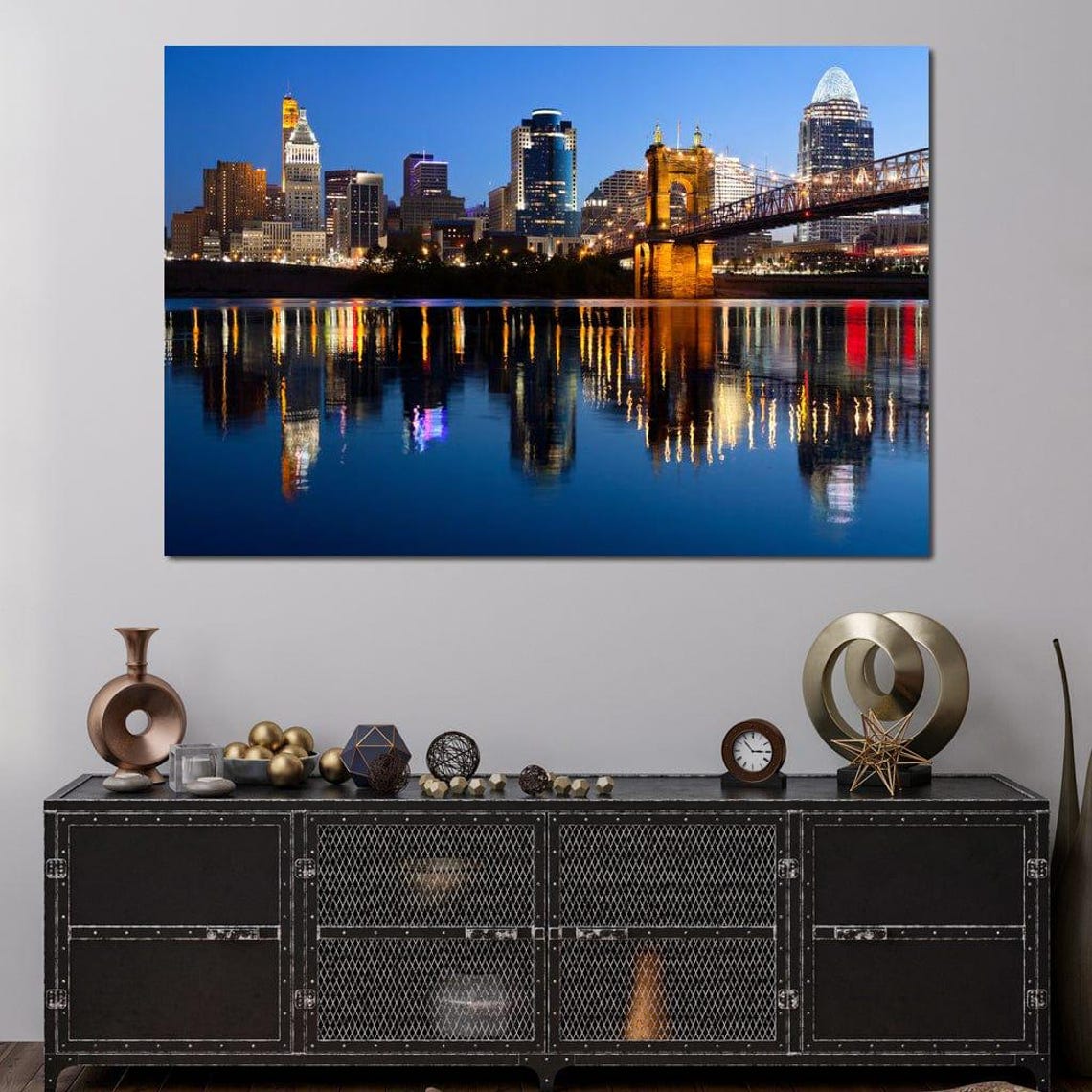 Cincinnati Skyline Night Bridge Reflection River Lights Travel Poster - Image 4