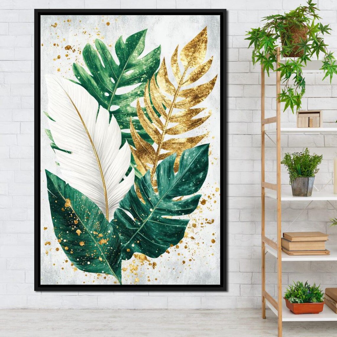 Tropical Monstera Leaves In White Gold Green Botanical Poster - Image 3