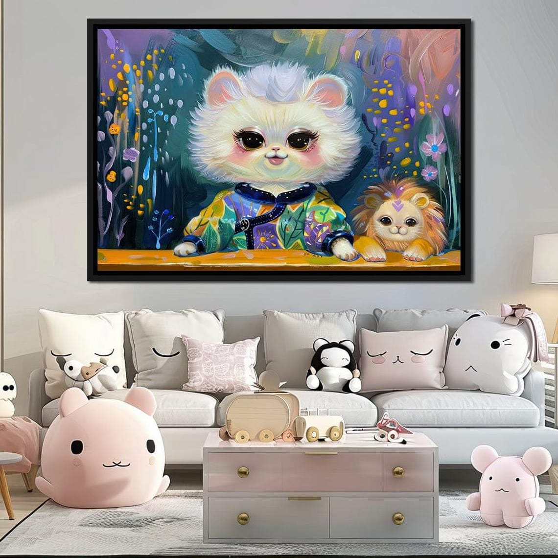 Whimsical Fluffy White Cat And Lion Cub Colorful Kids Room Art Print - Image 4