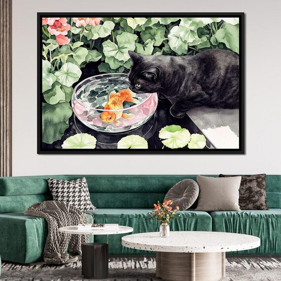 Black Cat Watching Goldfish Bowl Playful Watercolor Animal Art Print