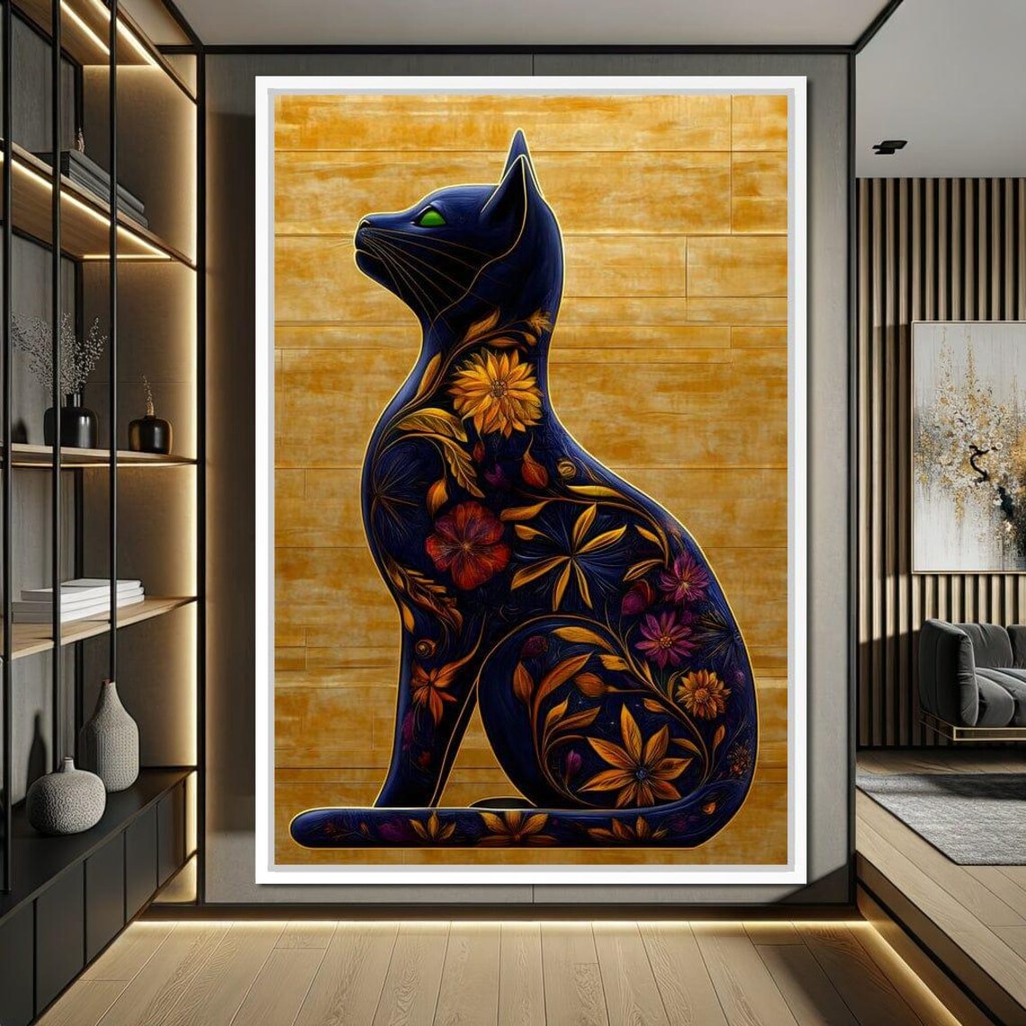 Black Cat Silhouette Floral Pattern Gold Background Decorative Wall Art Poster - Image 3