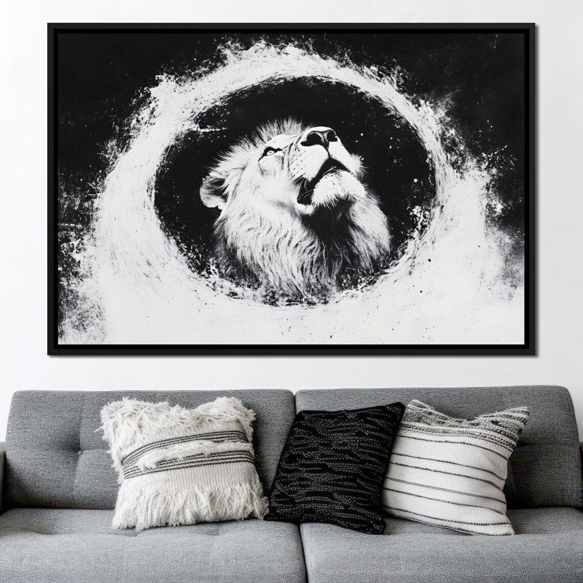 Lion Looking Skyward in a Black and White Water Splash Swirl Poster - Image 4