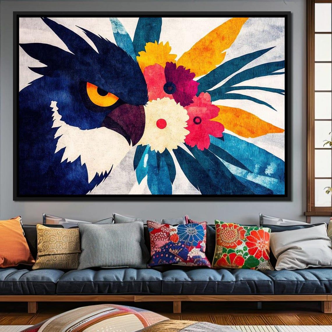 Blue Black Eagle Owl Portrait Vibrant Tropical Floral Abstract Poster - Image 4