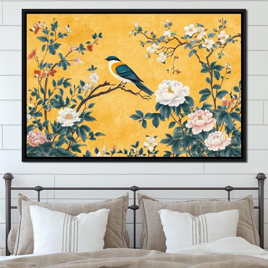 Blue Songbird Perched On Blossoming Peony Branches Gold Backdrop Print