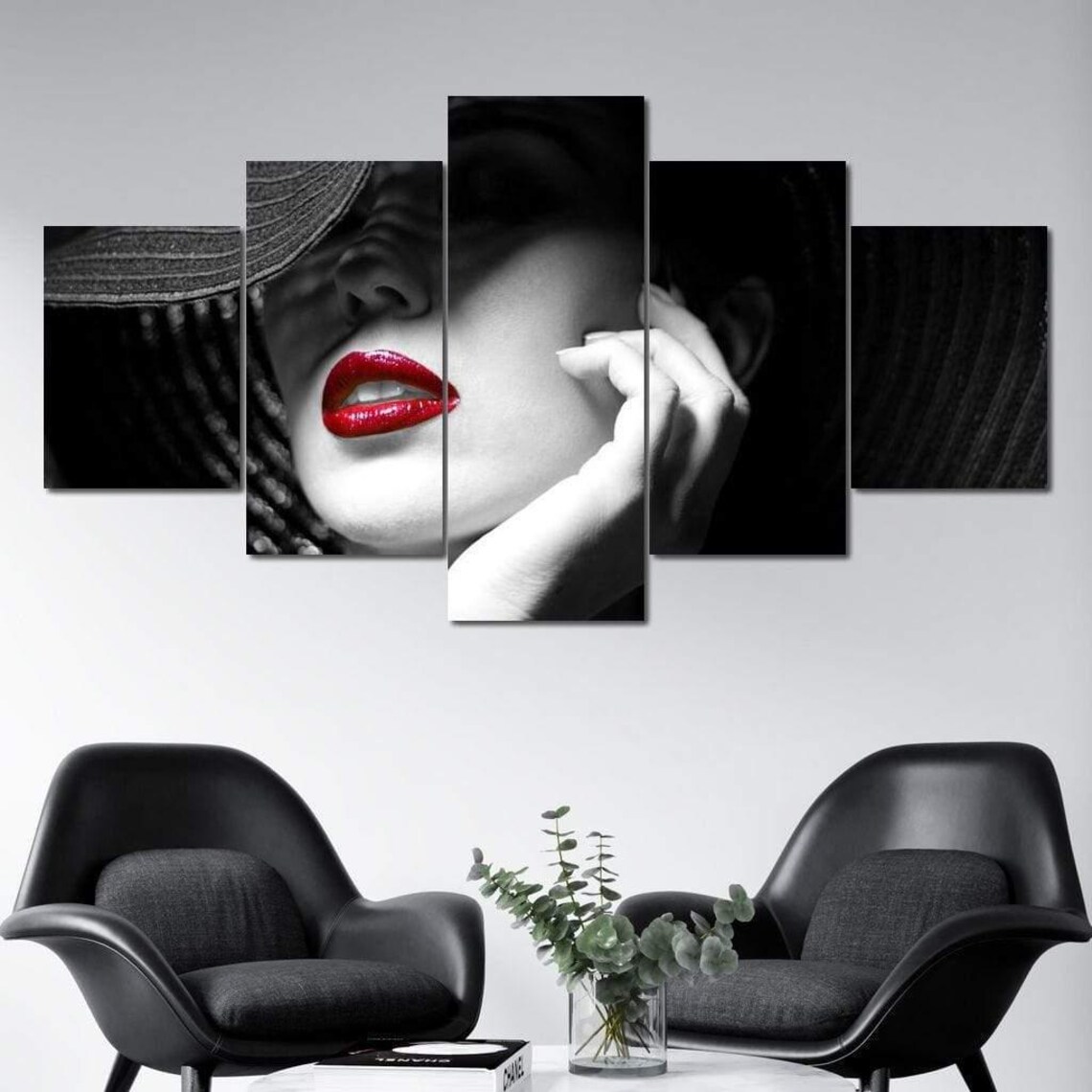 Black And White Woman Red Lips Hat Five Panel Canvas Portrait Mood Poster - Image 3