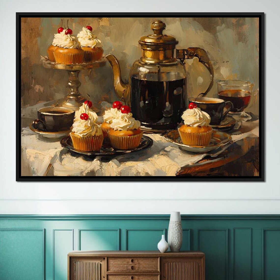Coffee Cherry Cupcakes Still Life Painting Vintage Kitchen Wall Art - Image 2