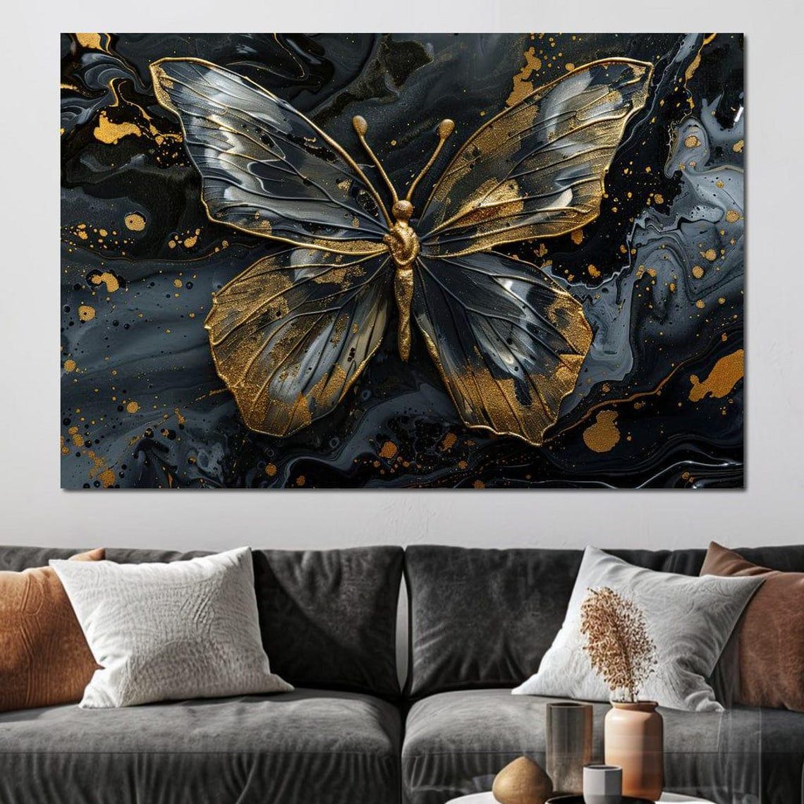 Gilded Butterfly Silhouette Black Gold Multi Panel Canvas Wall Art - Image 3