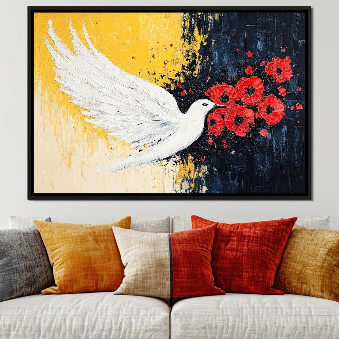 White Dove Red Poppies Yellow Black Bold Flight Impasto Bird Poster