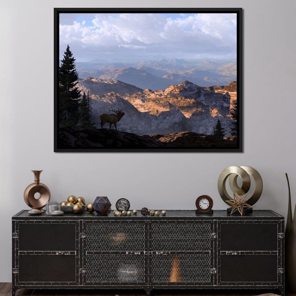 Bull Elk Mountain Ridge Silhouette Alpine Dawn Wildlife Rustic Nature Wall Poster