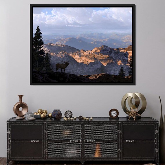 Bull Elk Mountain Ridge Silhouette Alpine Dawn Wildlife Rustic Nature Wall Poster