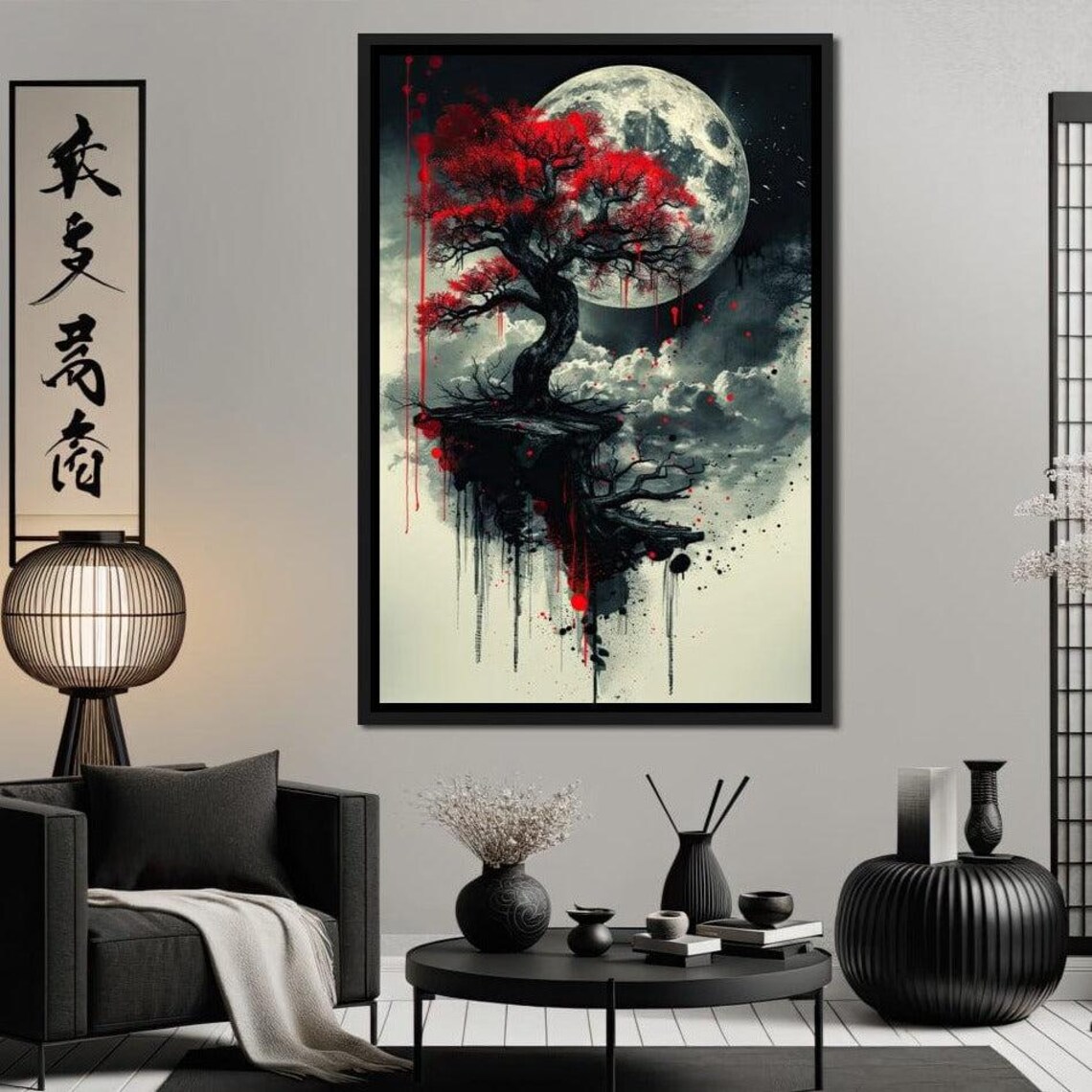 Red Maple Bonsai Full Moon Floating Ink Wash Japanese Art Poster