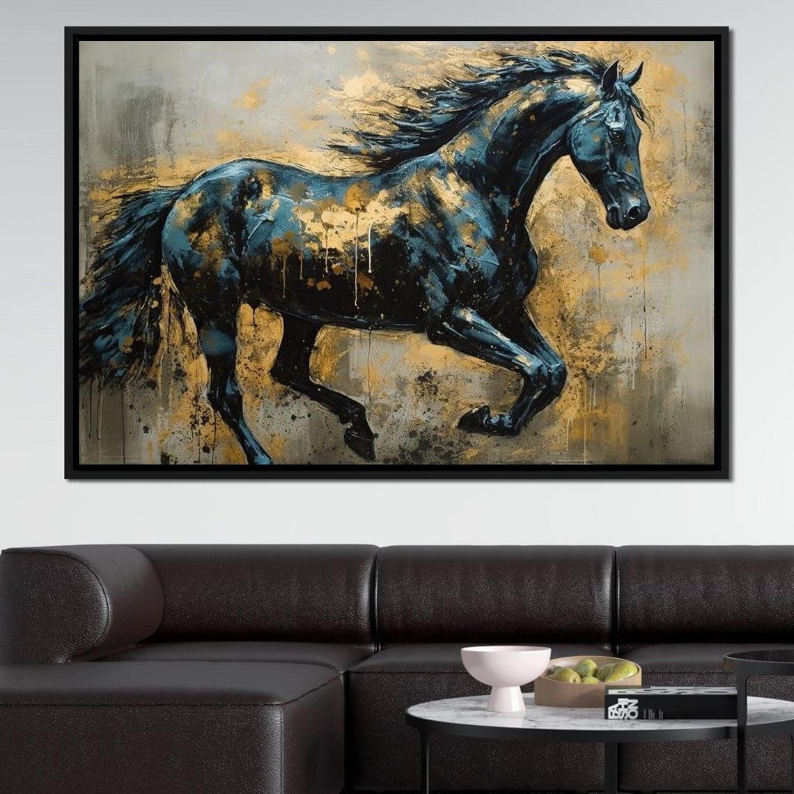 Black Stallion Galloping Gold Splatter Dynamic Equine Art Wall Poster