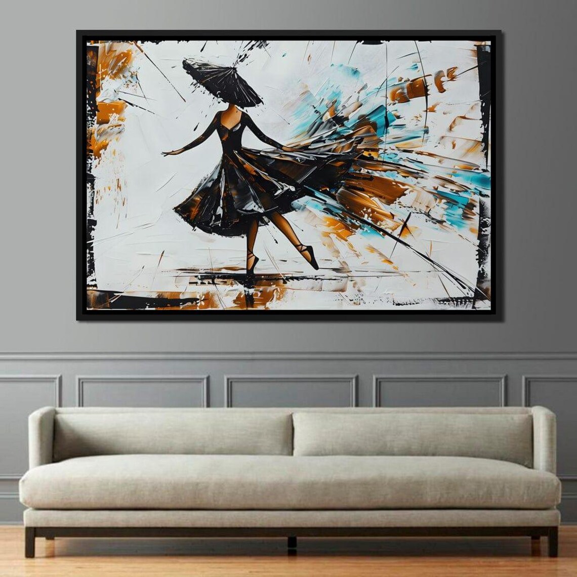 Dancer Black Dress Umbrella Abstract Brushstroke Modern Joyful Wall Art Print - Image 3