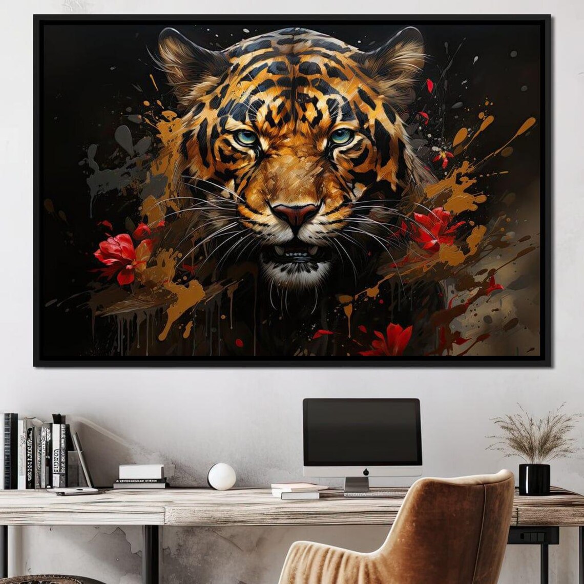Fierce Tiger Face Paint Splatter Red Flowers Dark Jungle Art Poster