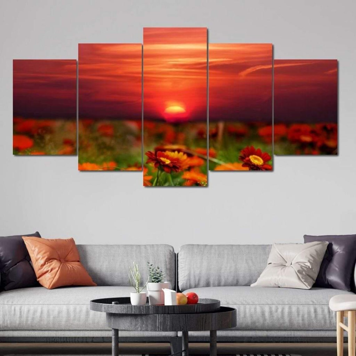 Fiery Sunset Over Daisy Flower Field Red Sky Landscape Art Poster