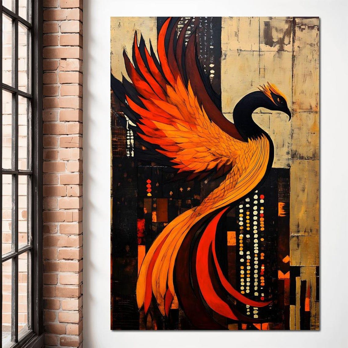 Fiery Orange Phoenix Soaring Above A Night City Modern Art Poster - Image 2