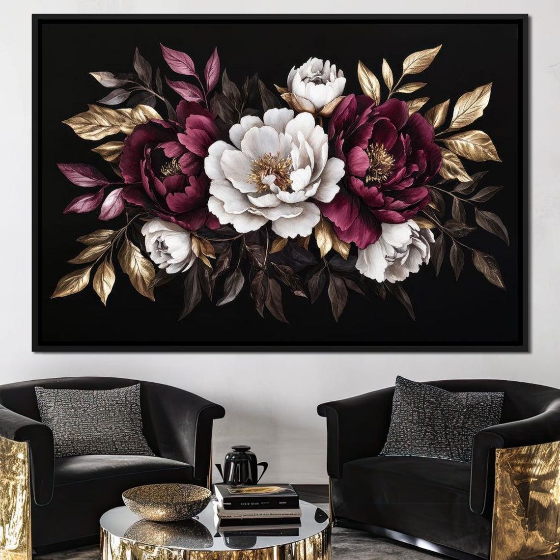 Burgundy White Peonies With Golden Leaves On Black Floral Art Poster