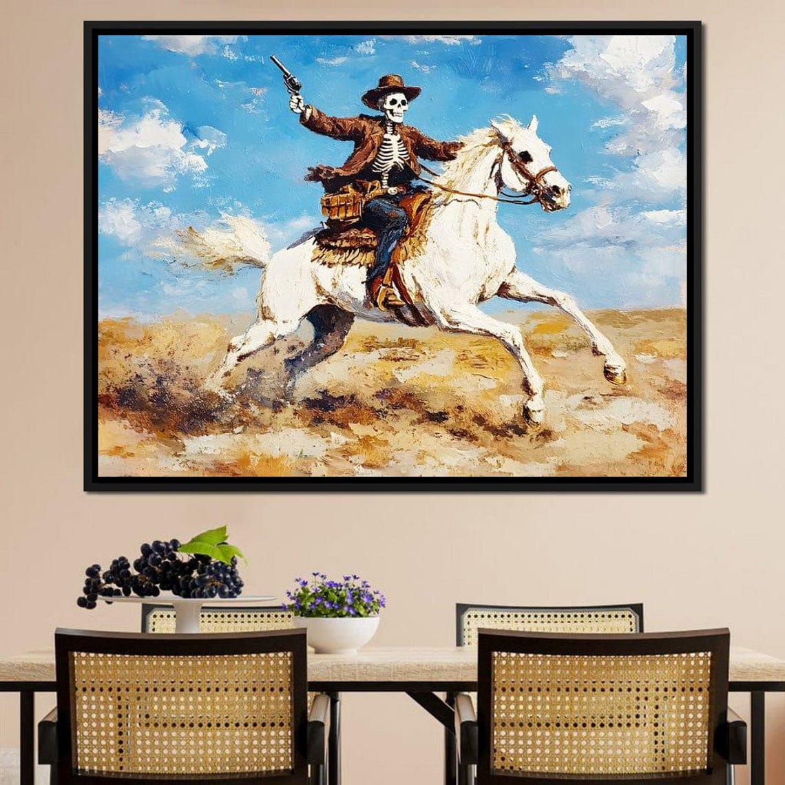 Skeleton Cowboy Riding a White Horse Across the Desert Poster