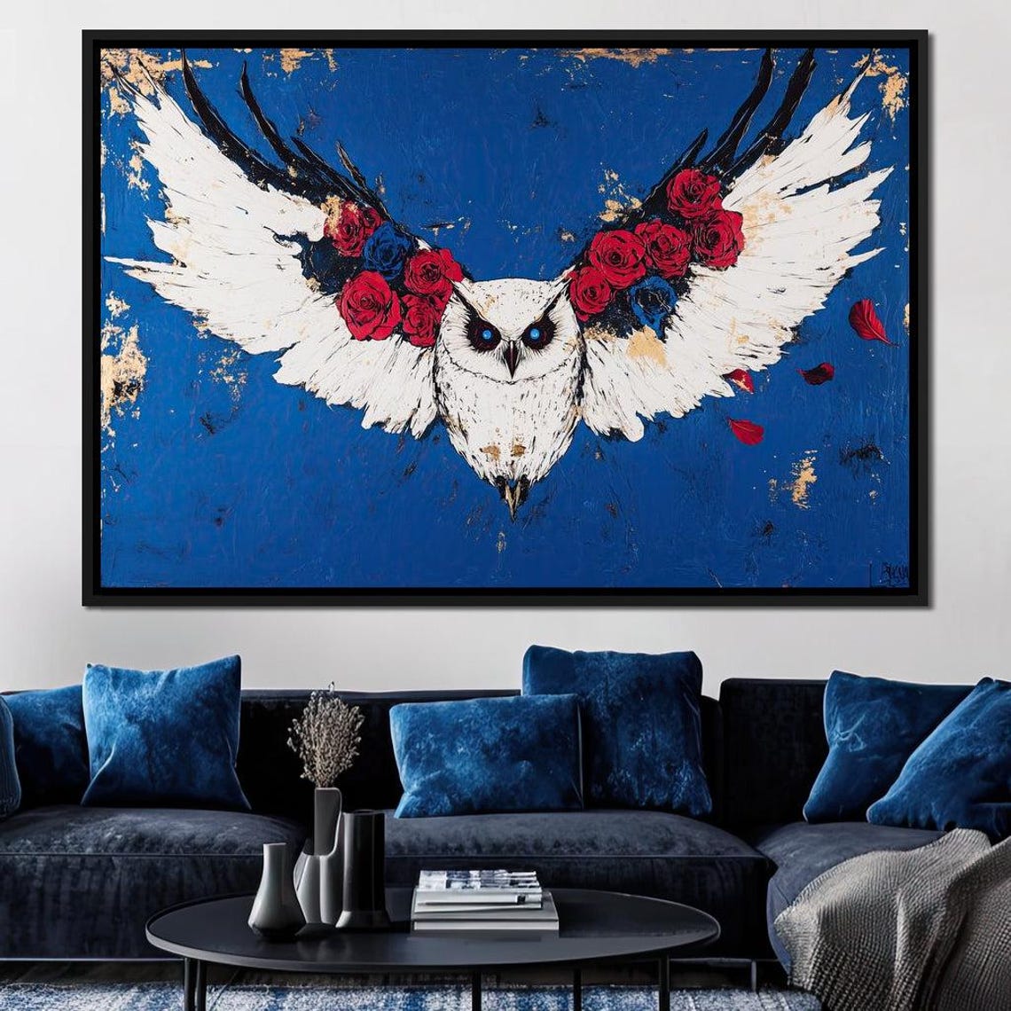 White Owl With Spread Wings Red Roses Cobalt Blue Wildlife Poster