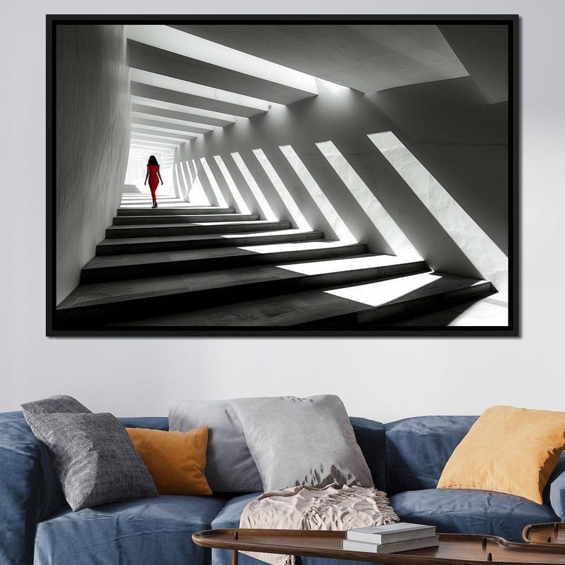 Concrete Staircase Red Dress Light Beam Minimalist Architecture Poster - Image 2